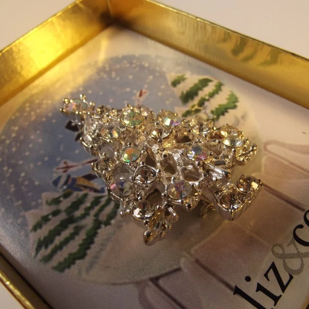 Liz & Co. AB Crystal Christmas Tree Pin Brooch Silver Tone